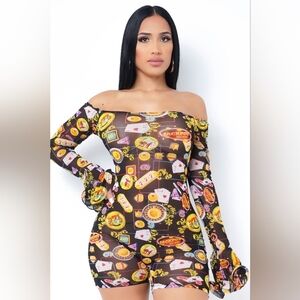 NEW! Sheer Las Vegas Casino Themed Long Sleeve Off-Shoulder Romper